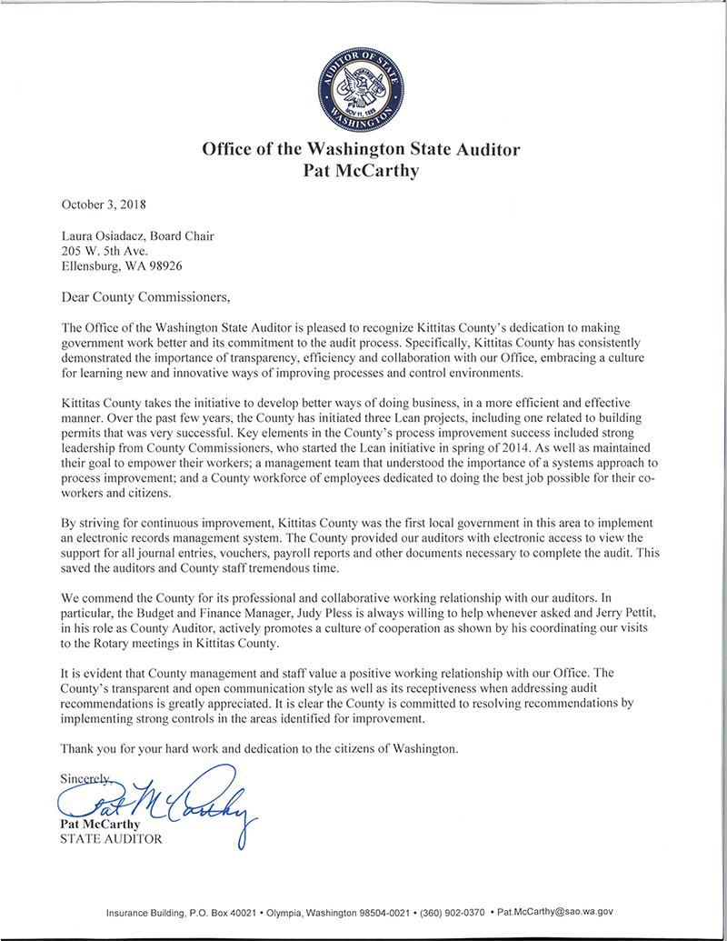 State Auditor Stewardship Award Letter