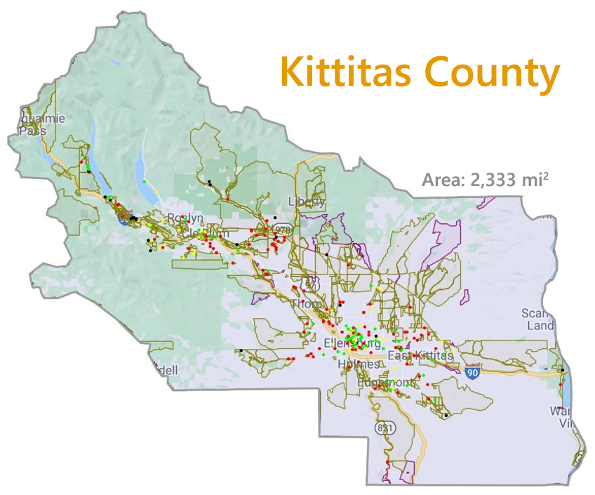 Map of Kittitas County displaying internet connectivity information