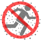 Red 'No' symbol over a grey icon of a person in forward motion surrounded by smoke