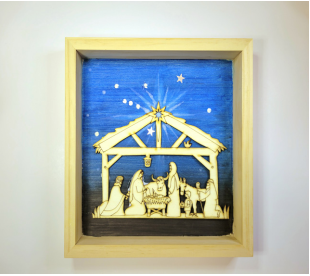 Art to Go Kit example of a wooden shadow box nativity scene with night sky background.